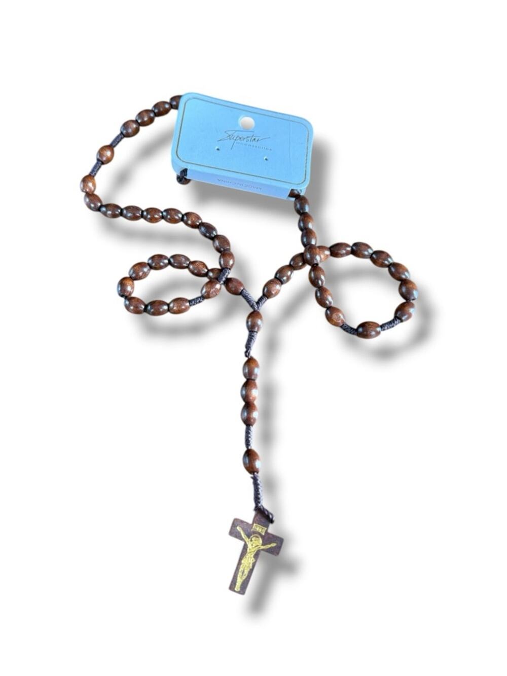 Wooden Rosary Necklace Brown Wood Beads Crucifix Catholic Prayer Beads NWT
